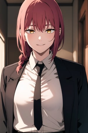 makima-csm, 1girl, solo, masterpiece, high_res, red hair, one long braid, golden eyes, ringed_eyes, elegant suit, black suit jacket,no closed jacket, black necktie, white shirt, black pants, lighting, white belt, upper_body, big_boobs, smile, spem in mouth 