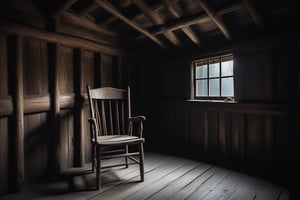 A chair inside a scary wooden hut with a dark and scary atmosphere.