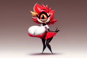 (Niffty), masterpiece, best quality, ((High detailed)), color magic, saturated colors, ((very skinny, thin)), tiny girl, ((white plain background)), full body, ((from behind)), her normal clothes, red skirt, white apron, ((white skin)), one eye, cyclops, gradient in the eye, red eye, ((large black pupil)), no nose, short hair, red hair, beautiful hair, thin legs, thin thigh, black legs, no feet, huge smile, yellow sharp teeth, extreme skinny legs, ((perfect natural boobies)), ((cleavages)), (cute), thick thigh and wide hip, ((huge boobies)), ((huge rear)), bottom heavy,