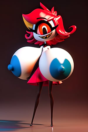 (Niffty), masterpiece, best quality, ((High detailed)), color magic, saturated colors, ((very skinny, thin)), tiny girl, ((white plain background)), full body, ((from behind)), her normal clothes, red skirt, white apron, ((white skin)), one eye, cyclops, gradient in the eye, red eye, ((large black pupil)), no nose, short hair, red hair, beautiful hair, thin legs, thin thigh, black legs, no feet, huge smile, yellow sharp teeth, extreme skinny legs, (cute), (((huge boobies))), (3D), (blue nip rings), ((boobjob))