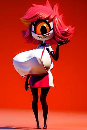 (Niffty), masterpiece, best quality, ((High detailed)), color magic, saturated colors, ((very skinny, thin)), tiny girl, ((white plain background)), full body, ((from behind)), her normal clothes, red skirt, white apron, ((white skin)), one eye, cyclops, gradient in the eye, red eye, ((large black pupil)), no nose, short hair, red hair, beautiful hair, thin legs, thin thigh, black legs, no feet, huge smile, yellow sharp teeth, extreme skinny legs, (cute), (((huge boobies))), nip rings, ((lifting apron)), (3D)