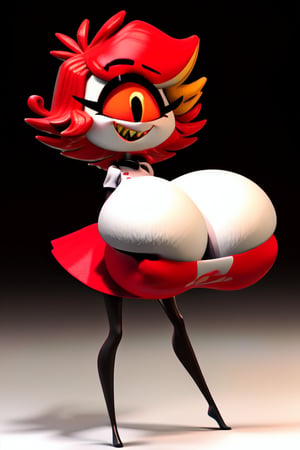 (Niffty), masterpiece, best quality, ((High detailed)), color magic, saturated colors, ((very skinny, thin)), tiny girl, ((white plain background)), full body, ((from behind)), her normal clothes, red skirt, white apron, ((white skin)), one eye, cyclops, gradient in the eye, red eye, ((large black pupil)), no nose, short hair, red hair, beautiful hair, thin legs, thin thigh, black legs, no feet, huge smile, yellow sharp teeth, extreme skinny legs, (cute), (((huge boobies))), (pov), ((boobjob)) 3D,