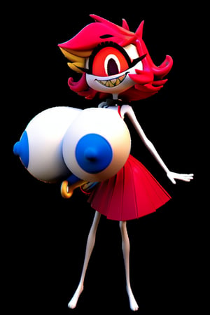 (Niffty), masterpiece, best quality, ((High detailed)), color magic, saturated colors, ((very skinny, thin)), tiny girl, ((white plain background)), full body, ((from behind)), her normal clothes, red skirt, white apron, ((white skin)), one eye, cyclops, gradient in the eye, red eye, ((large black pupil)), no nose, short hair, red hair, beautiful hair, thin legs, thin thigh, black legs, no feet, huge smile, yellow sharp teeth, extreme skinny legs, (cute), (((huge boobies))), (3D), (blue nip rings), ((boobjob))