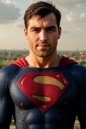 1boy, Handsome male, muscular, perfect shot, perfect eyes, real photo, photorealistic, best quality, 8K, 4K, outdoors, dressed as superman