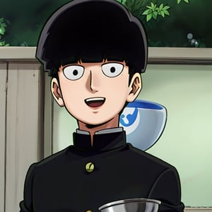 1boy, shigeokajeyama, solo, looking at viewer, smile, short hair, open mouth, bangs, black hair, 1boy, school uniform, male focus, blunt bangs, black eyes, parody, gakuran, bush, bowl cut