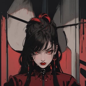 1girl, solo, long hair, looking at viewer, bangs, black hair, red eyes, jewelry, earrings, makeup, portrait, red lips, red theme