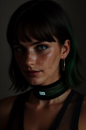 photo, rule of thirds, dramatic lighting, dark green hair, detailed face, detailed nose, woman wearing tank top, freckles, collar or choker, smirk, intricate background ,realism,realistic,raw,analog,woman,portrait,photorealistic,analog,realism