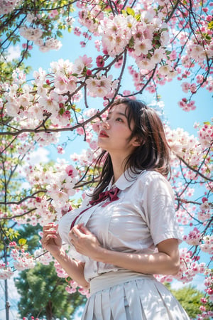 masterpiece,  highest quality,  8K,  RAW photo,
BREAK
1 japanese girl, high school student, school uniform, big breast, (haircut of uniform length), (one length), Beautiful shiny black hair, straight hair, messy hair, pale white skin, white skin, full body to the toes,  beautiful thighs, (navy blue pleated skirt), 
BREAK
profile, looking up, close eyes, standing under the cherry trees, ((Cherry blossom storm)), cherry blossom petals are falling, reach out a hand, ((angle from below)), dimly light,  at night, high_school_girl, best quality,CherryBlossom_background