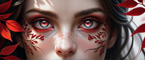 A highly detailed, close-up portrait of a woman with mesmerizing eyes that reflect the universe. The background features branches with vibrant red leaves and delicate flower petals. The woman's face is illuminated, highlighting her delicate features and creating a stark contrast with the black and white elements. The overall style is ethereal and dreamlike, with a focus on the eyes and the interplay between light and shadows.