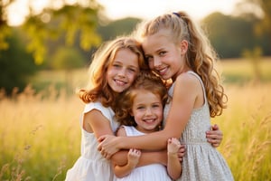 A warm and cozy snapshot captures three sisters embracing in a sun-drenched meadow. The eldest sister, her long blonde hair tied back in a ponytail, wraps her arms around her siblings. Her middle sister, with curly brown locks, gazes up at her big sister with a look of adoration. The youngest, with a mop of messy red hair, giggles and squirms free from the embrace, her bright blue eyes sparkling with mischief. Soft afternoon light casts a warm glow on their smiling faces as they bask in each other's company.