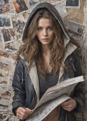  big hair, hair flowing over, messy hair, blue eyes, choker, closed mouth, collar, dog tail, hand in pocket, hood, hoodie, jacket, leather jacket, long hair, long sleeves, looking at viewer, nail polish, open clothes, open jacket, newspaper wall background,