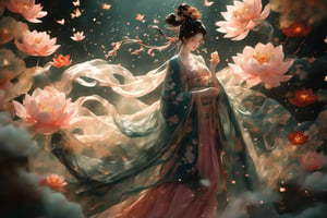 1girl, solo, long hair, black hair, hair ornament, long sleeves, dress, holding, jewelry, standing, full body, flower, earrings, hair bun, light pink dress, sparkle, chinese clothes, single hair bun, bug, white flower, butterfly, tassel, forehead mark, candle, lotus,dunhuang
