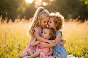 A warm and cozy snapshot captures three sisters embracing in a sun-drenched meadow. The eldest sister, her long blonde hair tied back in a ponytail, wraps her arms around her siblings. Her middle sister, with curly brown locks, gazes up at her big sister with a look of adoration. The youngest, with a mop of messy red hair, giggles and squirms free from the embrace, her bright blue eyes sparkling with mischief. Soft afternoon light casts a warm glow on their smiling faces as they bask in each other's company.