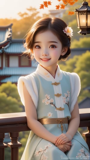 Pixar animated movie scene style, Chinese house style, in the morning light, maple tree bloom, sunray through the leaves, a beautiful and cute little girl with beautiful eyes, sitting on the railing, perfect face, smiling happily, 32k ultra high definition, Pixar movie scene style, realistic high quality Portrait photography, eternal beauty, the lantern behind her emits a soft light, beautiful and dreamy, the flowers are in bloom, and the light bokeh serves as the background.