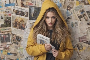  big hair, hair flowing over, messy hair, blue eyes, choker, closed mouth, collar, dog tail, hand in pocket, hat, hat with ears, hood, hoodie, jacket, yellow jacket, long hair, long sleeves, looking at viewer, nail polish, open clothes, open jacket, newspaper wall background,