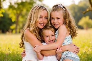 A warm and cozy snapshot captures three sisters embracing in a sun-drenched meadow. The eldest sister, her long blonde hair tied back in a ponytail, wraps her arms around her siblings. Her middle sister, with curly brown locks, gazes up at her big sister with a look of adoration. The youngest, with a mop of messy red hair, giggles and squirms free from the embrace, her bright blue eyes sparkling with mischief. Soft afternoon light casts a warm glow on their smiling faces as they bask in each other's company.