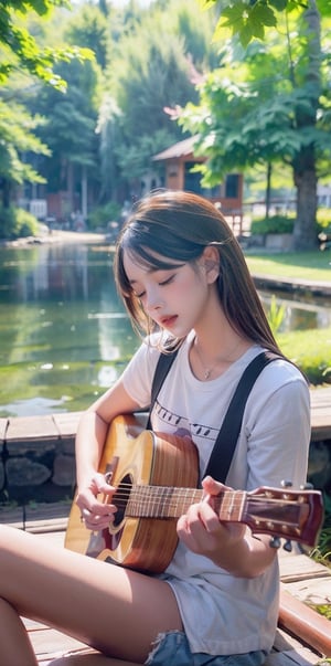 a young girl playing the guitar, fingers strumming the strings, eyes closed in deep concentration, sitting on a sunlit wooden dock by a serene lake, surrounded by tall green trees, a gentle breeze ruffling his hair, with a guitar pick nestled between his fingers, capturing a moment of musical passion and connection to nature, in a style reminiscent of classical oil paintings,pastelbg,purple cherry blossoms, tranquil scene, far_view, 