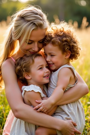 A warm and cozy snapshot captures three sisters embracing in a sun-drenched meadow. The eldest sister, her long blonde hair tied back in a ponytail, wraps her arms around her siblings. Her middle sister, with curly brown locks, gazes up at her big sister with a look of adoration. The youngest, with a mop of messy red hair, giggles and squirms free from the embrace, her bright blue eyes sparkling with mischief. Soft afternoon light casts a warm glow on their smiling faces as they bask in each other's company.