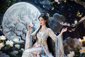 (realistic:1.4), On the moon lives Chang'e, the beautiful moon goddess. She has flawless porcelain skin and long black hair adorned with flowers. Chang'e wears an elegant long white dress embroidered with silver stars. She dances gracefully on the moon, her dress and hair flowing softly. In her arms she tenderly cradles a plump white moon rabbit. Chang'e's serene face glows under the moonlight as she gazes down at the earth. The magical Moon Palace shimmers around her. The laurel tree sways gently beside the divine Chang'e and her moon rabbit.
