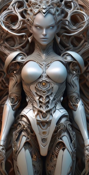 1 beautiful female demon, 3D elements. full body, poly-hydro-morphism, Fibonacci based composition, Beautiful glamorous woman, symmetrical face, white ceramic skin, using an intricate opalescent armor, DonMCyb3rN3cr0XL ,Gric