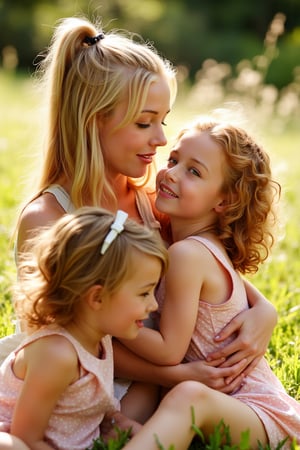 A warm and cozy snapshot captures three sisters embracing in a sun-drenched meadow. The eldest sister, her long blonde hair tied back in a ponytail, wraps her arms around her siblings. Her middle sister, with curly brown locks, gazes up at her big sister with a look of adoration. The youngest, with a mop of messy red hair, giggles and squirms free from the embrace, her bright blue eyes sparkling with mischief. Soft afternoon light casts a warm glow on their smiling faces as they bask in each other's company.