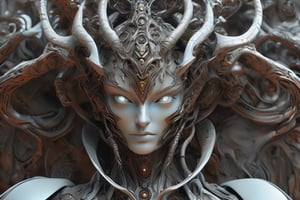 1 beautiful female demon, 3D elements. full body, poly-hydro-morphism, Fibonacci based composition, Beautiful glamorous woman, symmetrical face, white ceramic skin, using an intricate opalescent armor, DonMCyb3rN3cr0XL ,Gric