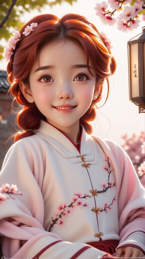 Pixar animated movie scene style, Chinese house style, in the morning light, cherry blossom bloom, sunray through the leaves, a beautiful and cute little girl with beautiful eyes, red hair, sitting on the railing, perfect face, smiling happily, 32k ultra high definition, Pixar movie scene style, realistic high quality Portrait photography, eternal beauty, the lantern behind her emits a soft light, beautiful and dreamy, the flowers are in bloom, and the light bokeh serves as the background.