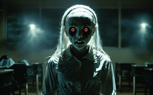 (masterpiece), ghost girl, poltergeist, (no eyes:1.2), blank pupils, black eyes socket, (glowing white eyes:1.2), resentment, cinematic lighting, school uniform, classroom background, fear ambience,horror, 4k, halloween, detailmaster2,HellAI,DonMn1ghtm4reXL