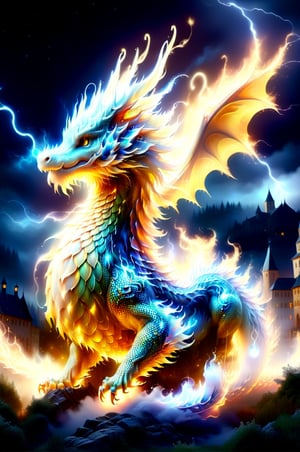 massive dragon at least 500 ft tall. standing on hind legs with wings of fire spread out wide. doen at his feet is a medieval town. night. magical mist with magical lightning swirls all around the dragons body. ultra realistic, centered. golden composition. extremely detailed, 