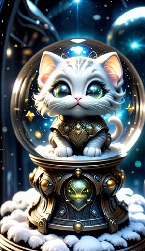 a cute kitty version of a very scary alien inside a space age snow globe. the ball of the globe is surprisingly bige for the intricat designed base of the globe.  the snow globe is on a table in a spaceship control room. around the table are three blind mice in humanoid form wearing alien metal space suits or armor that are pressively crafted. each suit of armor has a different base color but all have trimming in gold and silver.. even though the three mice are blind, they are all leaning and appear to be looking at the cute kitty version of a very scary alien inside a space age snow globe. ((ultra realistic, lifelike, cinematic dramatic lighting and composition, hyper detailed)