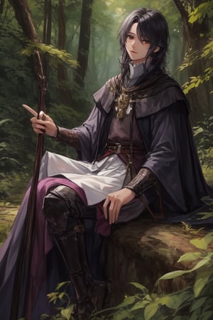 Young, black hair, purple eyes, black clothes, male, medieval clothes, Forest background