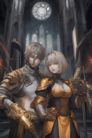 Young, medium_hair, Gray hair, yellow eyes, Golden clothes, templar armor, medieval church,milfication, dual_wielding 