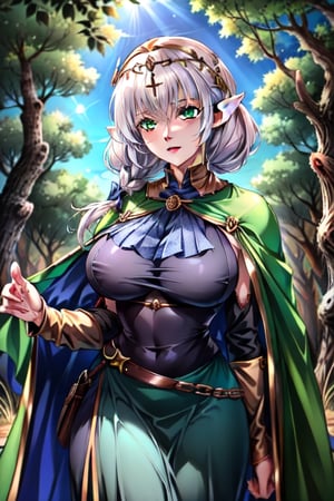 nodf_lora, elve, bow, medieval Forest, medieval clothes, emerald_eyes, green cape,milfication