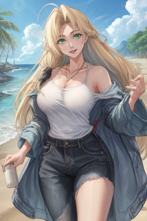 Blonde, joyfully, happy, casual outfit, beach background, long hair, cute, smart, humble, generous, compasive, blue dyed tips, Jewelry, green eyes, pretty, tall