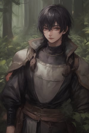 Young, black hair, short hair, purple eyes, black clothes, male, medieval clothes, Forest background