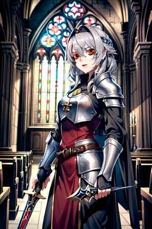 Similar to baldurs gate portraits, young, Dual wielding, mage hunter, Gray hair, medieval church, templar armor, night, yellow eyes, medium hair,nodf_lora,r1ge,milfication,mature female