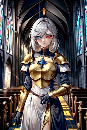 Young, medium_hair, Gray hair, heterochromia, Golden clothes, templar armor, medieval church