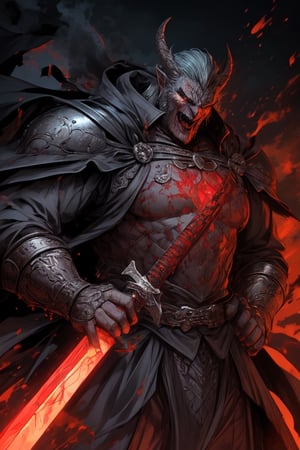 (Similar to baldurs gate portraits)Male, youn, half-orc, demiorc, strong, two handed sword, bi,g sword, Berserk, guts, medieval background, black suit, medieval clothes, midnight, fury, blood ,Pectoral Focus,r1ge