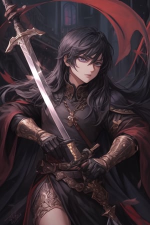 Young, black hair, purple eyes, black clothes, two-handed sword, male