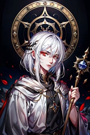 (Similar to baldurs gate portraits)Male, young, white hair, medium hair, red eyes, white skin, black clothes, mage, one staff, medieval background, night,nodf_lora