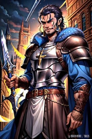 (Similar to baldurs gate portraits)Male, youn, half-orc, demiorc, strong, two handed sword, bug sword, Berserk, Warrior, medieval background, medieval clothes, midnight