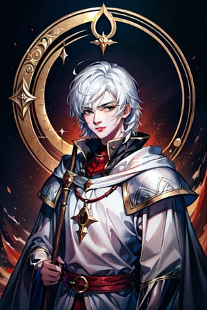 (Similar to baldurs gate portraits)Male, young, white hair, medium hair, red eyes, white skin, black clothes, mage, one staff, medieval background, night,nodf_lora