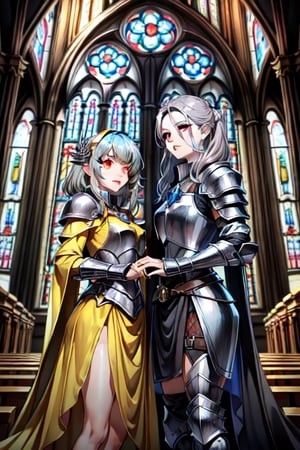 Similar to baldurs gate portraits, young, Dual wielding, Gray hair, medieval church, templar armor, night, yellow eyes, medium, Golden clothes, medium hair