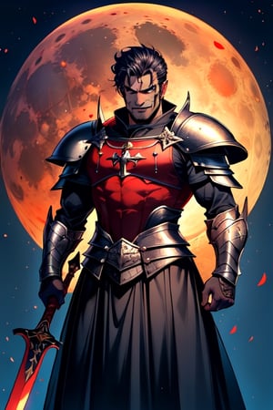 nodf_lora, half orc, greatsword, medieval background, medieval armor, blood moon,r1ge,Pectoral Focus