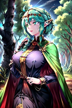 nodf_lora, elve, bow, medieval Forest, medieval clothes, emerald_eyes, green cape,milfication