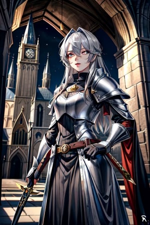 Similar to baldurs gate portraits, young, Dual wielding, mage hunter, Gray hair, medieval background, medieval church, templar armor, night, right eye orange, left eye blue, medium hair,nodf_lora,r1ge