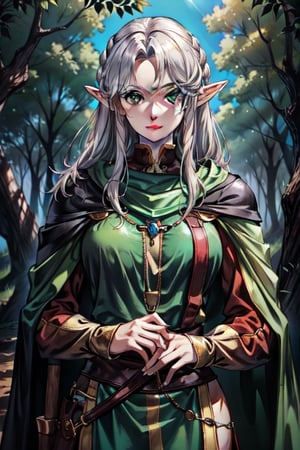 nodf_lora, elve, longbow, medieval Forest, medieval clothes, emerald_eyes, green cape,milfication,elfmyst