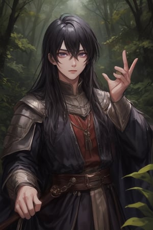 Young, black hair, purple eyes, black clothes, male, medieval clothes, Forest background