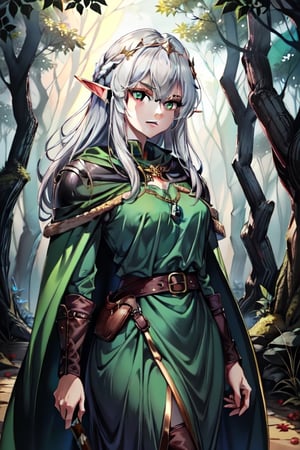 nodf_lora, elve, longbow, medieval Forest, medieval clothes, emerald_eyes, green cape,milfication,elfmyst