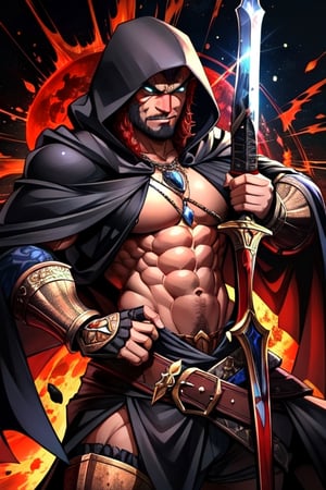 (Similar to baldurs gate portraits)Male, youn, half-orc, orc, strong, two handed sword, bug sword, Berserk, guts, medieval background, black hood, midnight, fury, blood ,Pectoral Focus,r1ge